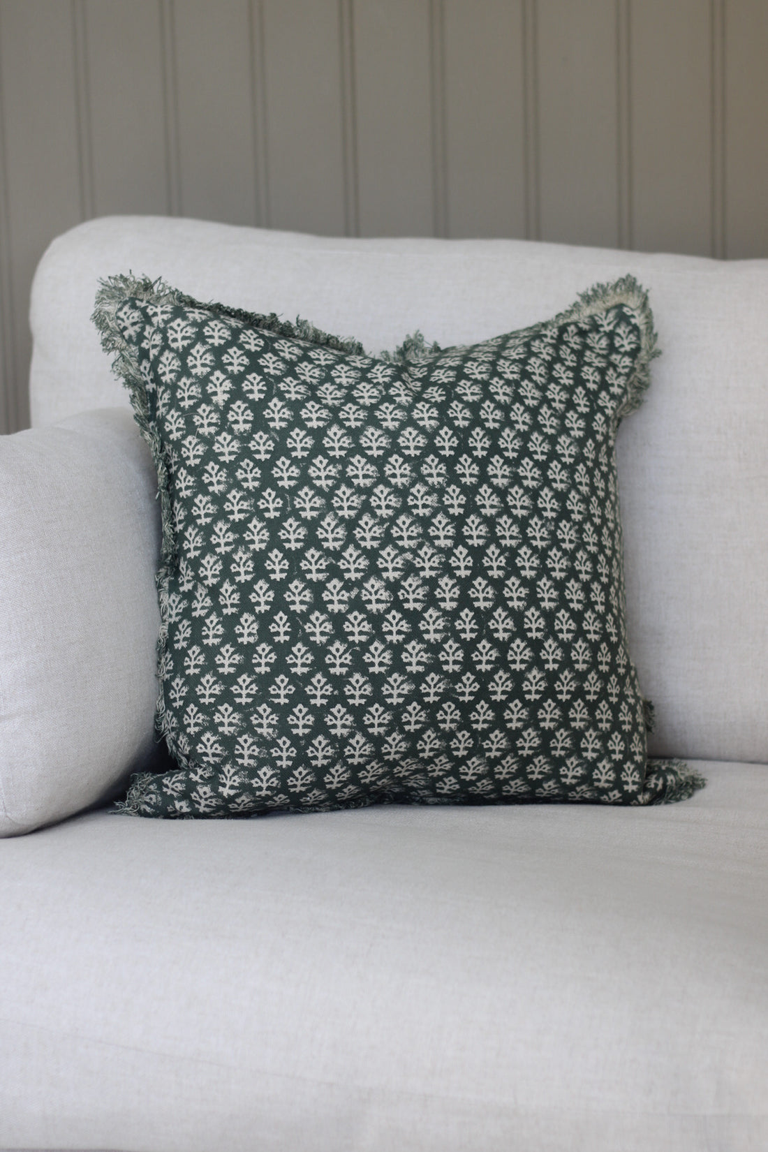 Hunter Green Block Print Fringed Cushion for home decor