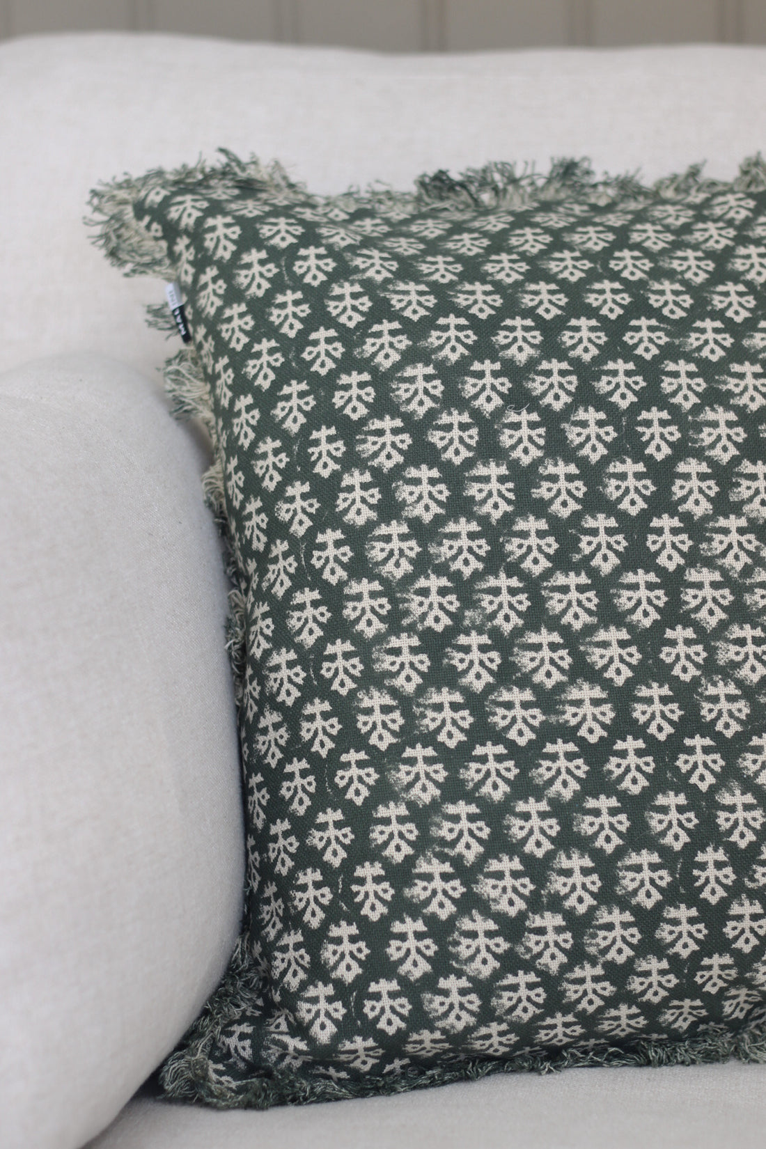 Hunter Green Block Print Fringed Cushion for home decor