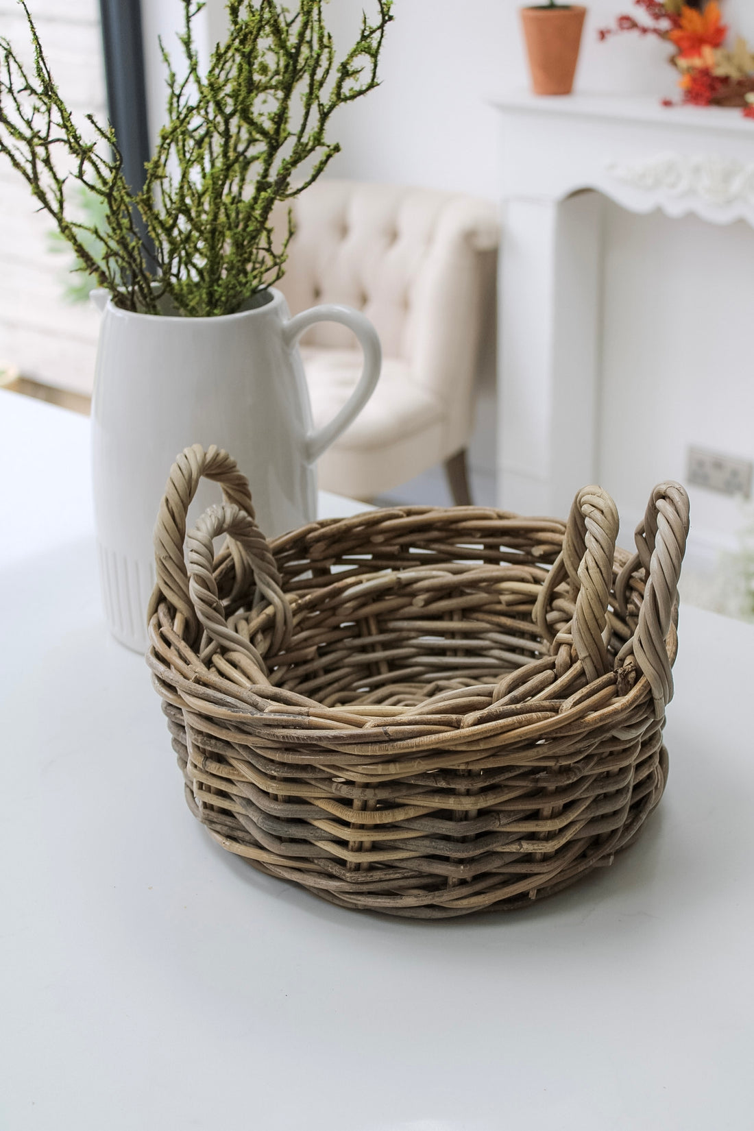 Grey Washed Small Rattan Basket with Handles