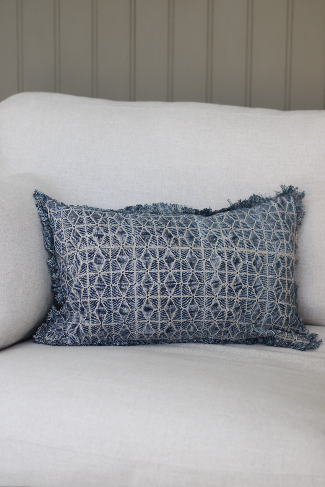 Indigo Cotton Block Fringed Cushion