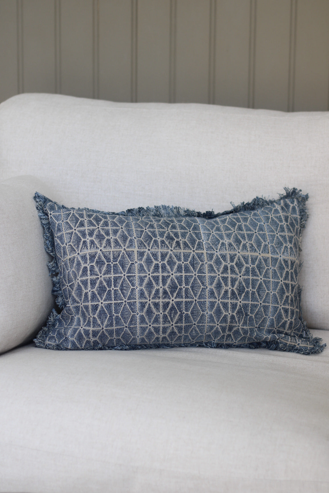 Indigo Cotton Block Fringed Cushion