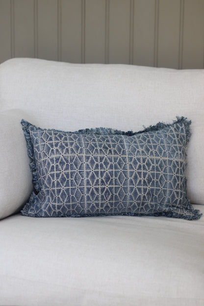 Indigo Cotton Block Fringed Cushion