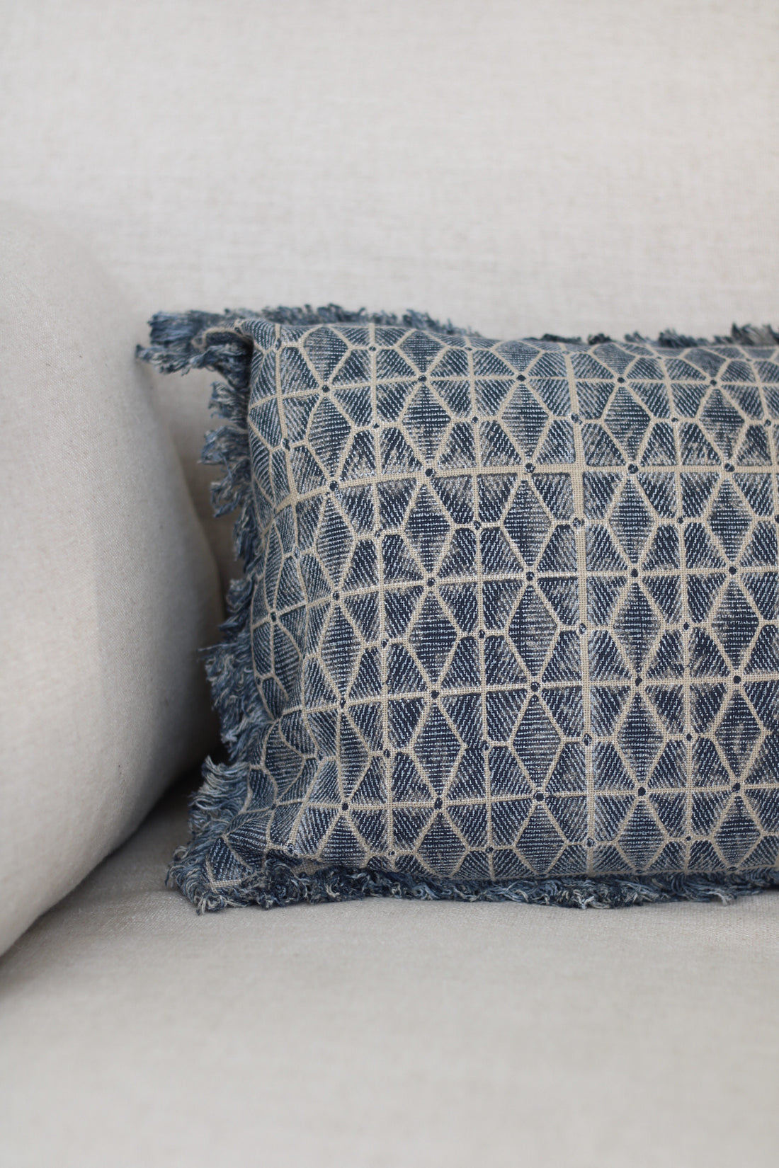 Indigo Cotton Block Fringed Cushion