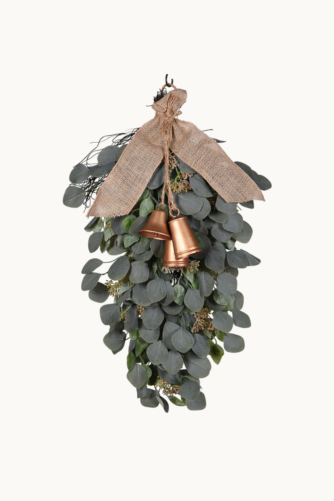 Luxury Faux Christmas Eucalyptus Swag Wreath with Burlap Bow and Bells