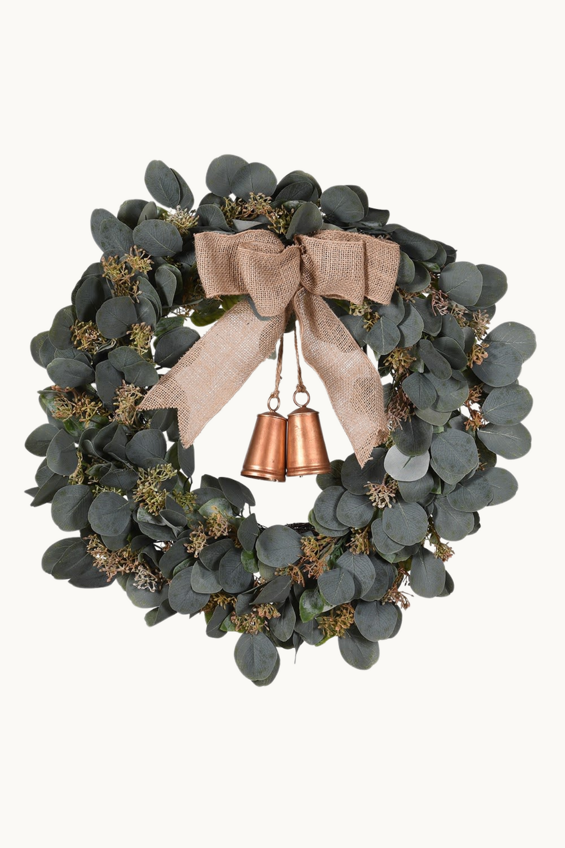 Luxury Faux Christmas Eucalyptus Wreath with Burlap Bow and Bells