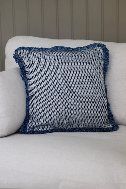 Navy Woven Fringed Cushion for home decor