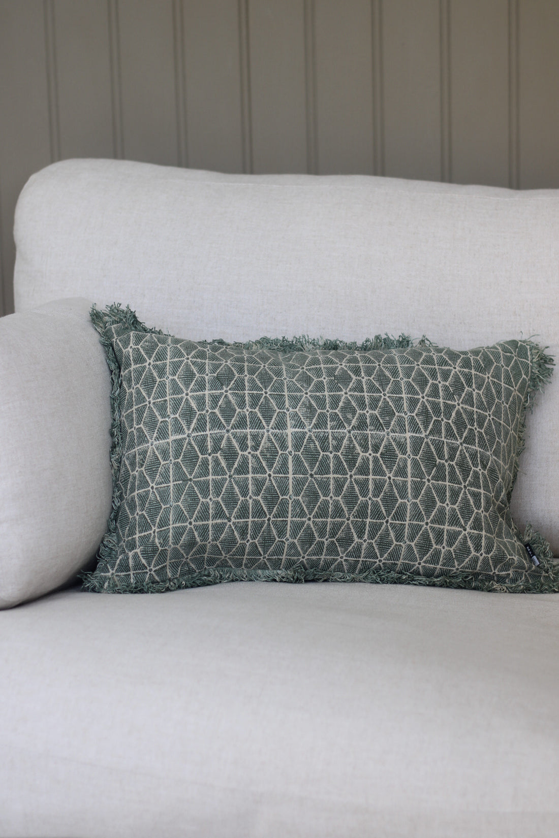 Olive Green Cotton Block Fringed Cushion