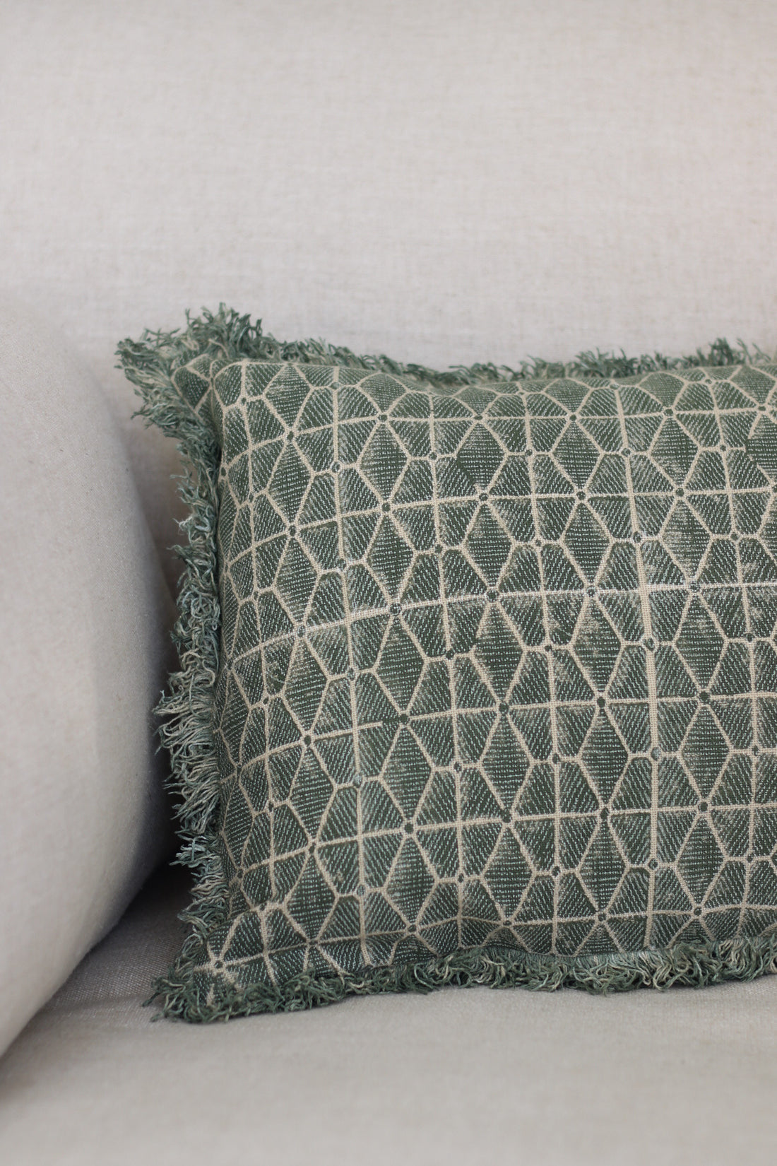 Olive Green Cotton Block Fringed Cushion