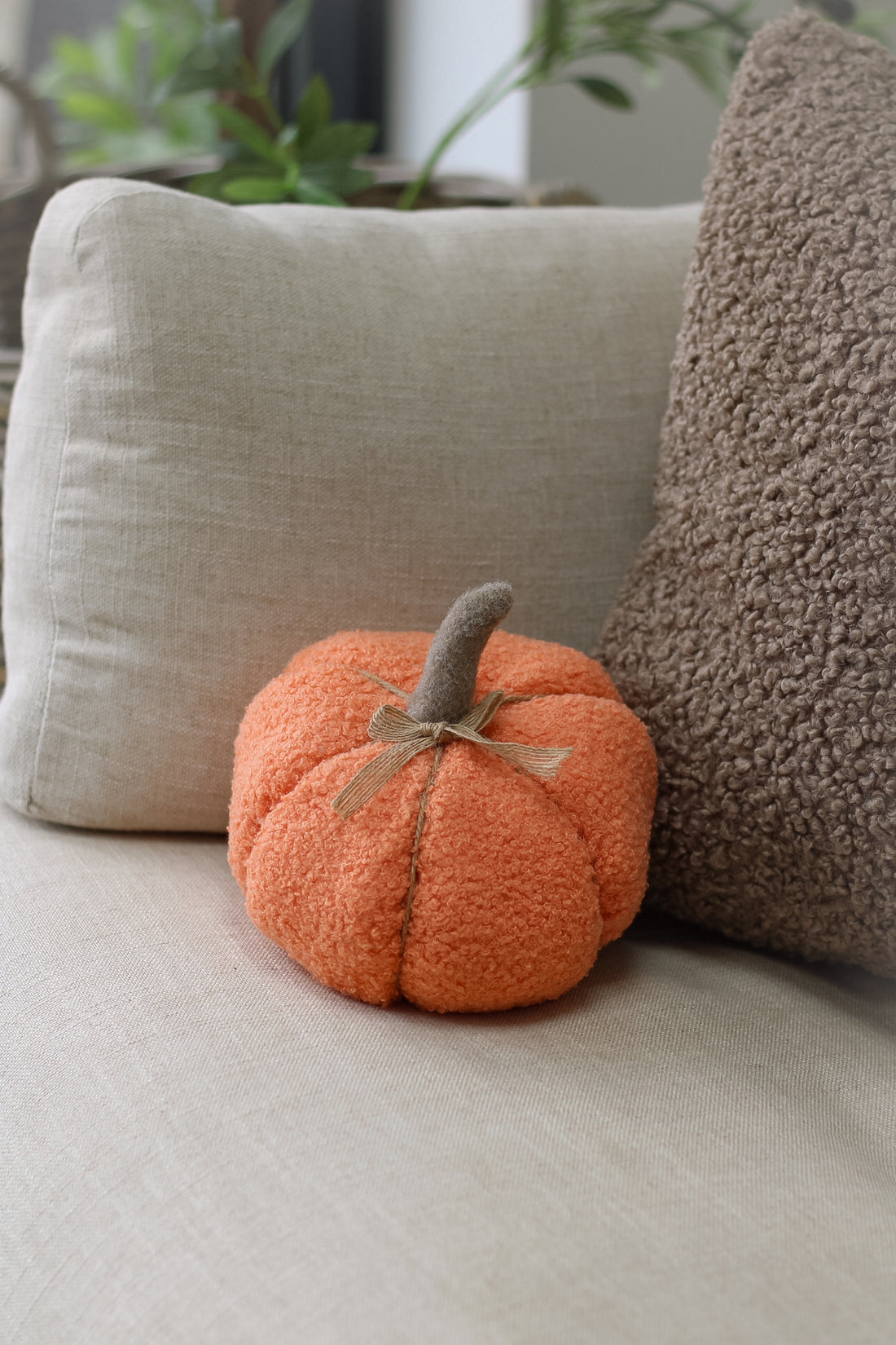 Orange Boucle Pumpkin with Raffia Bow