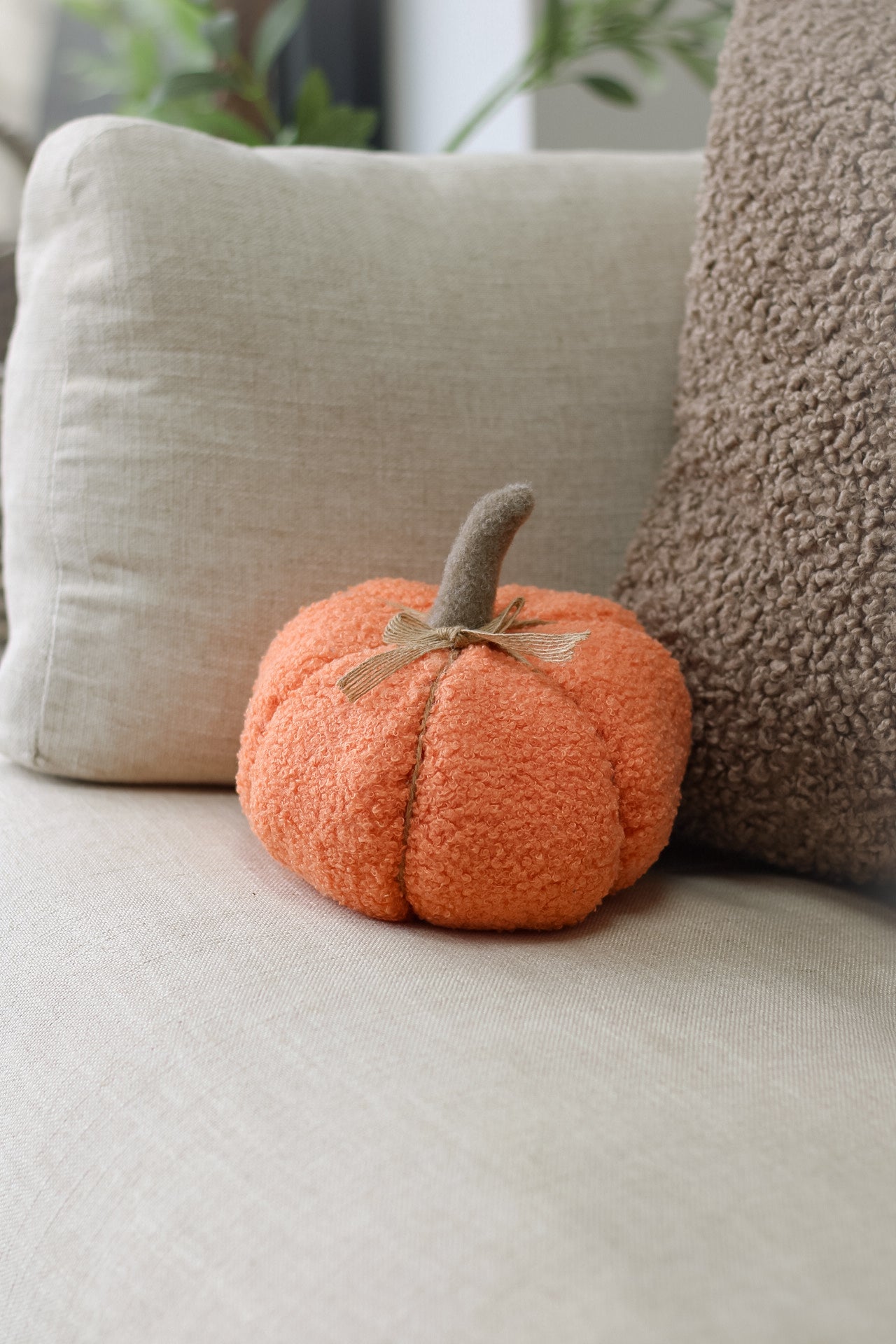 Orange Boucle Pumpkin with Raffia Bow