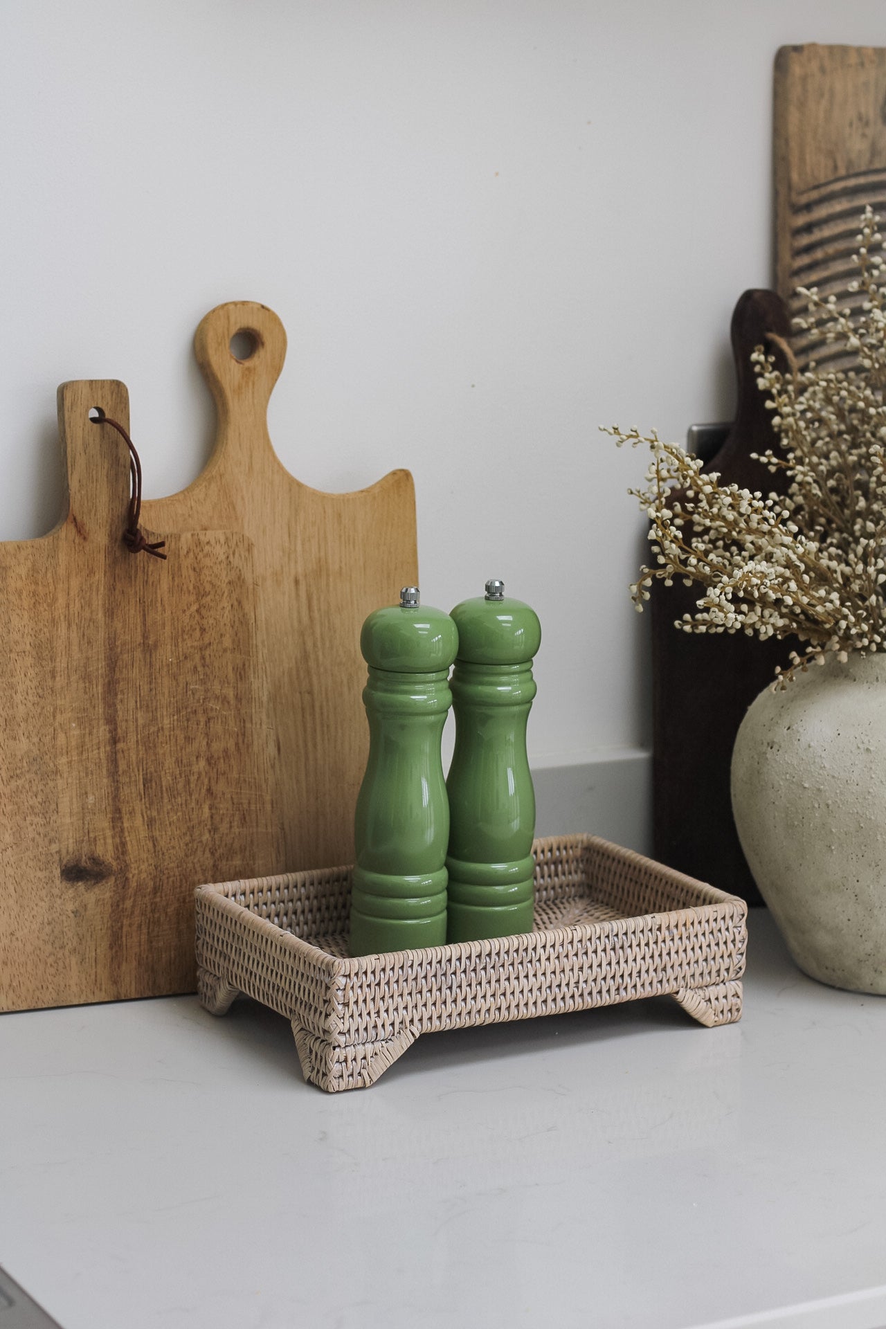 Raised White Washed Rattan Tray