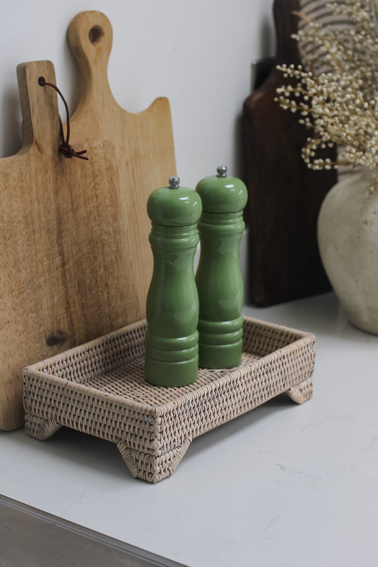 Raised White Washed Rattan Tray