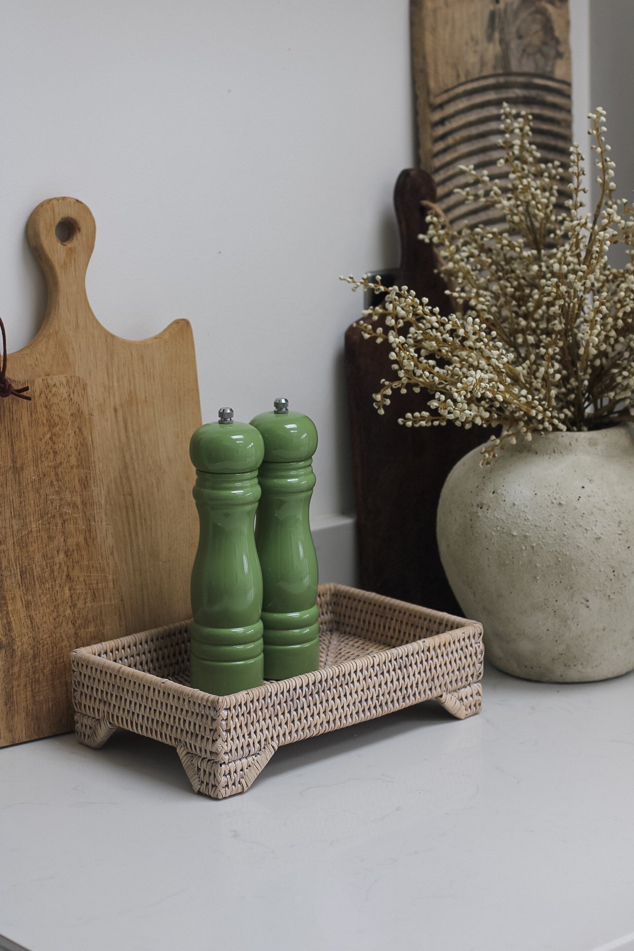 Raised White Washed Rattan Tray