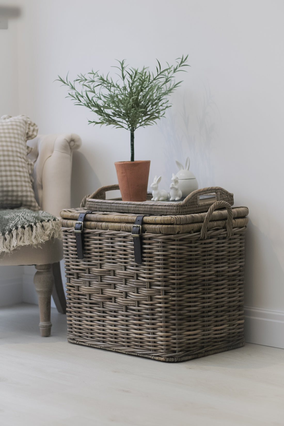 Rattan Storage Trunk with Leather Straps for home decor