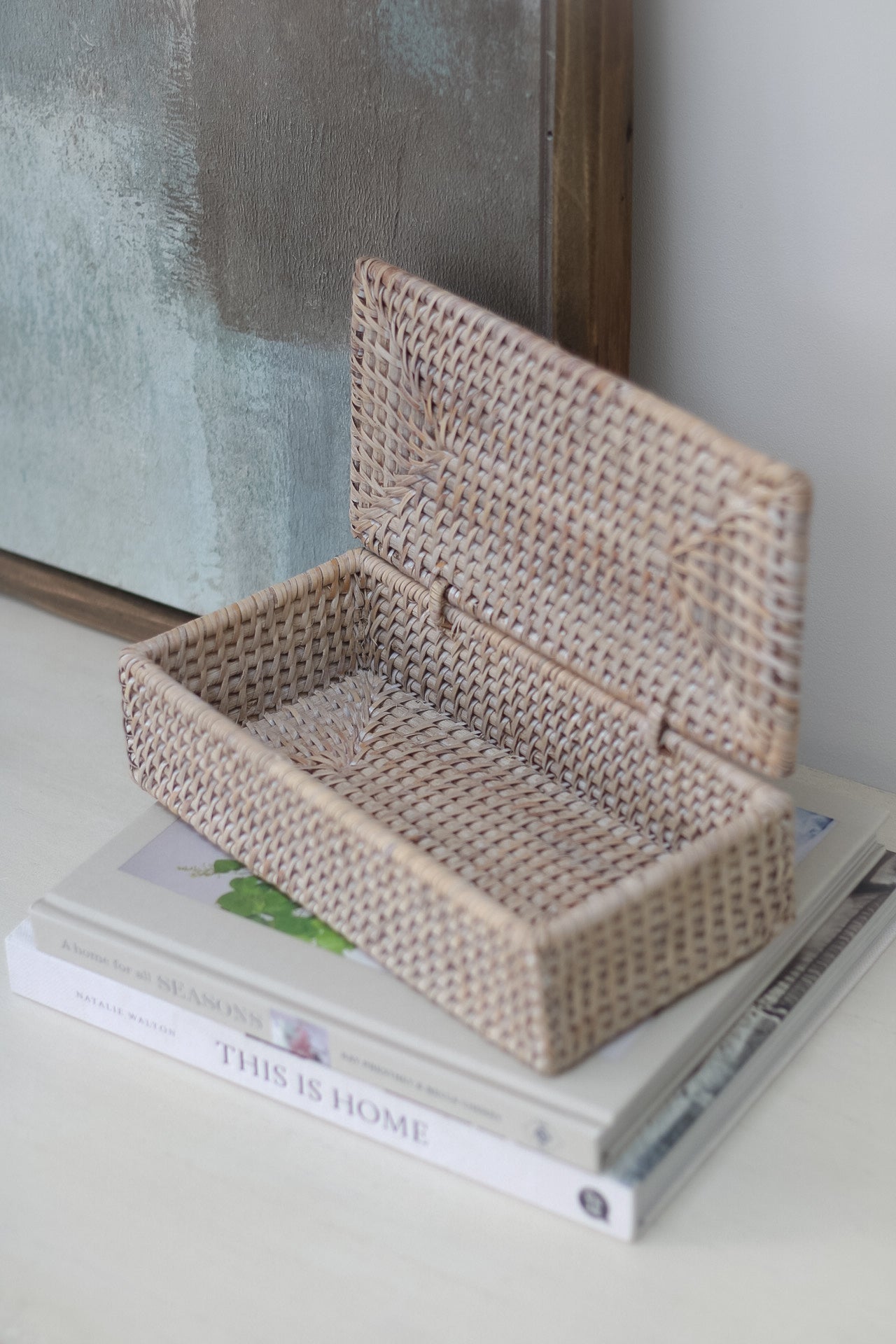 up close of rattan desk tidy with lid open