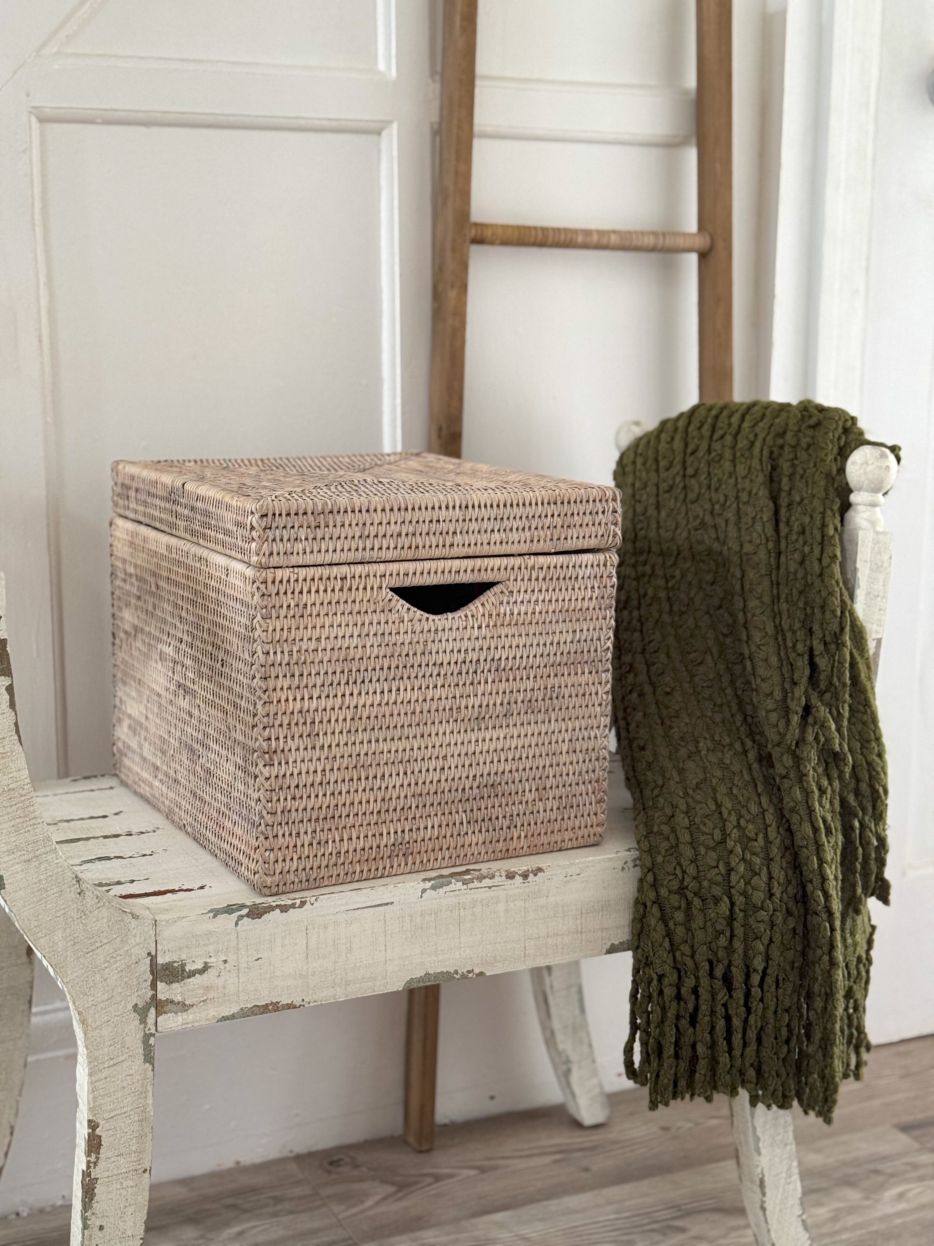 Brown wicker storage baskets top