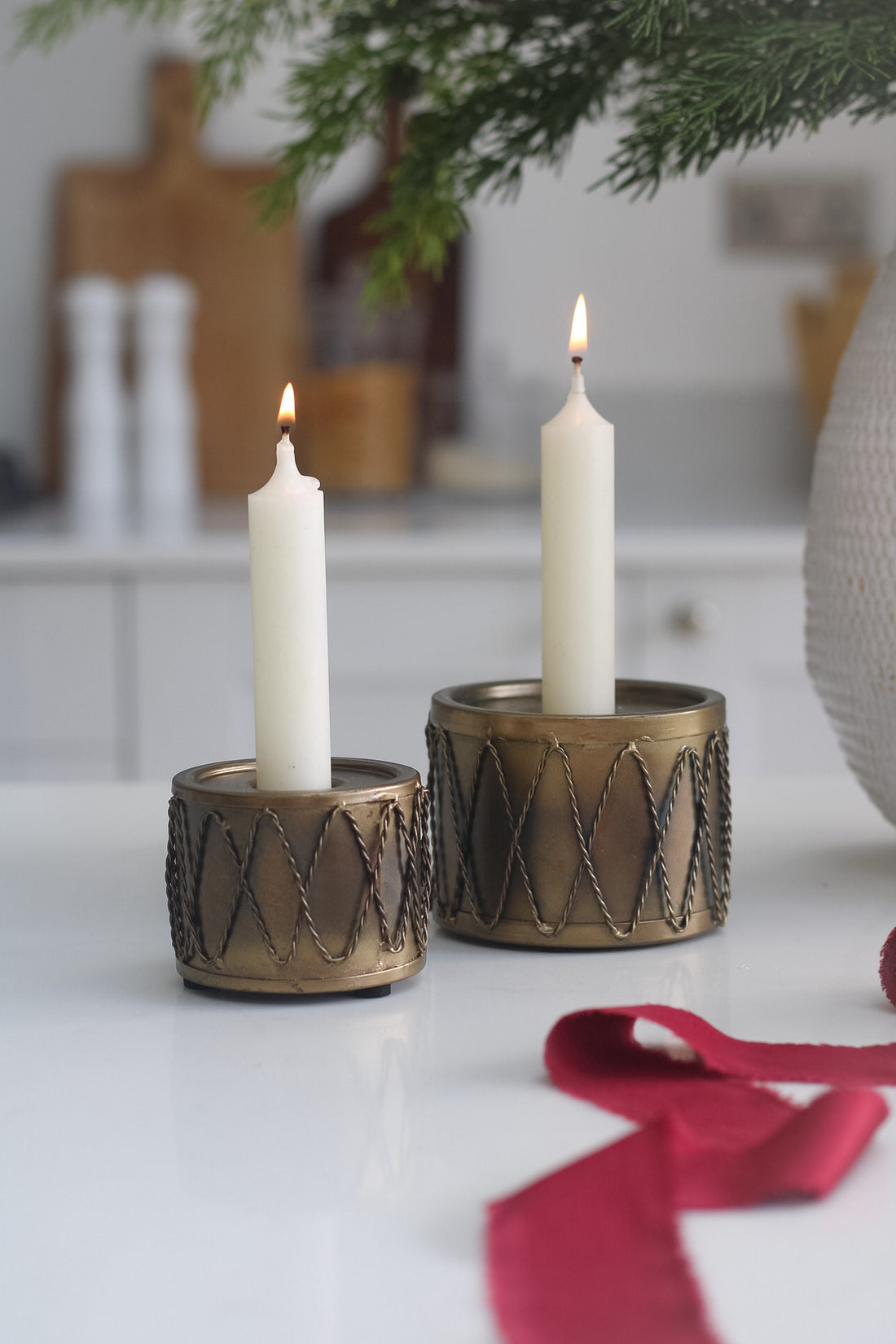 Rustic Gold Metal Drum Dinner Candle Holder