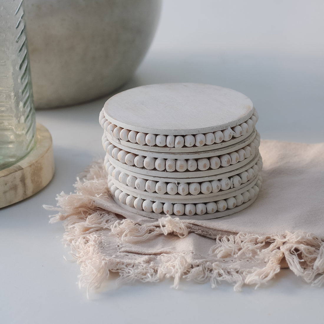 Rustic White Beaded Coasters  001