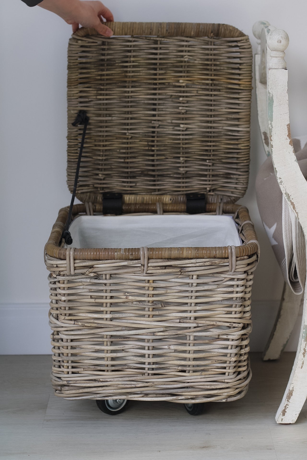 up close of rattan storage trunk