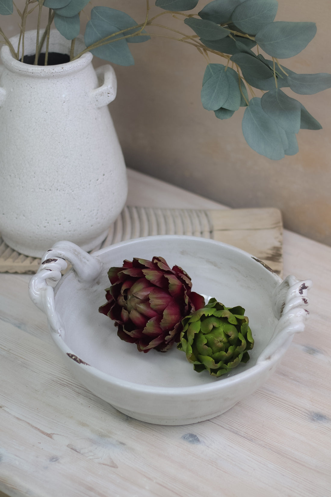 White Ceramic Bowl with Twisted Handles