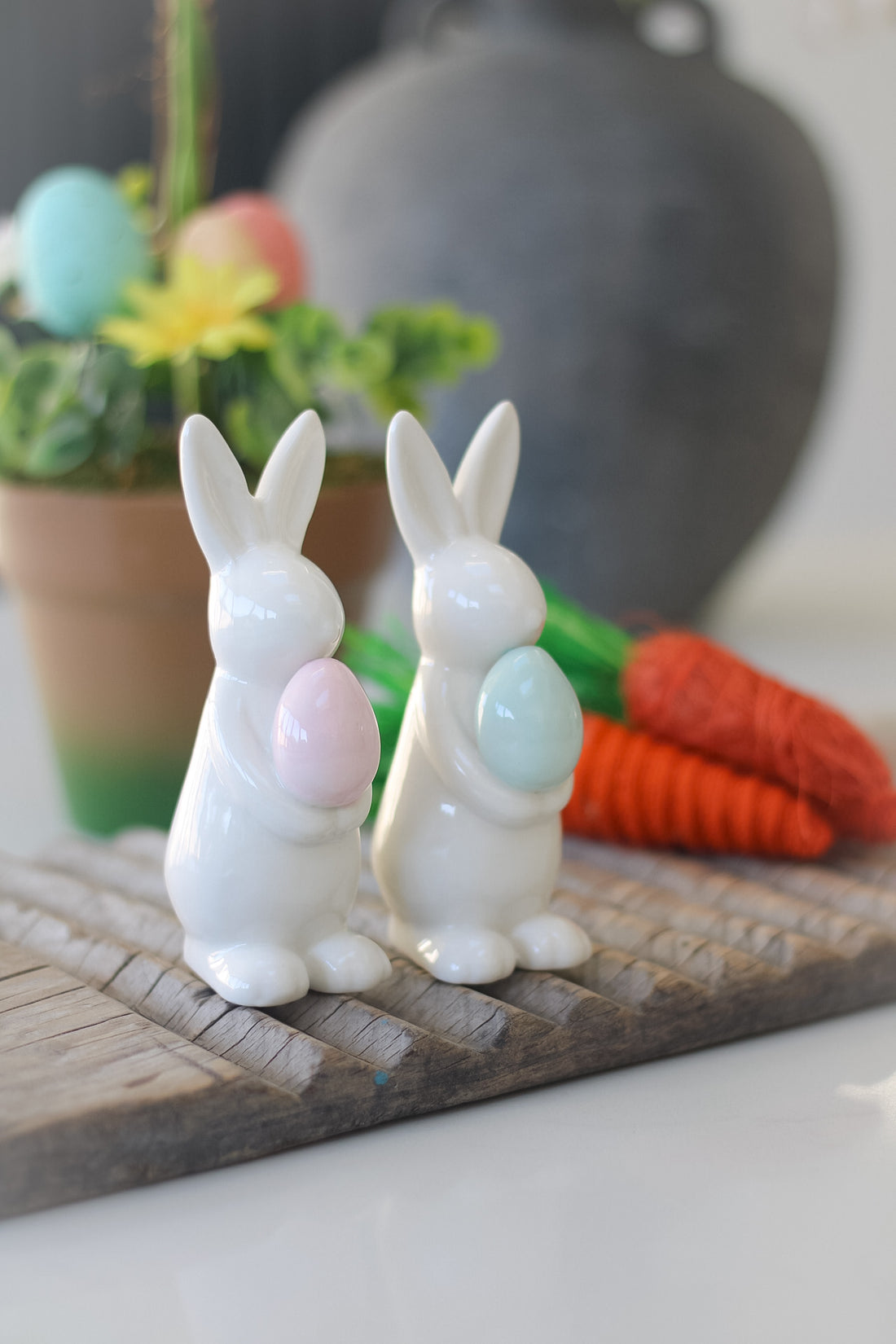 White Ceramic Bunnies with Pastel Eggs