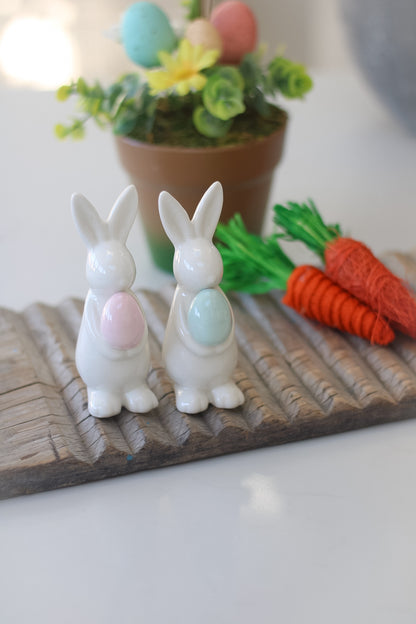 White Ceramic Bunnies with Pastel Eggs