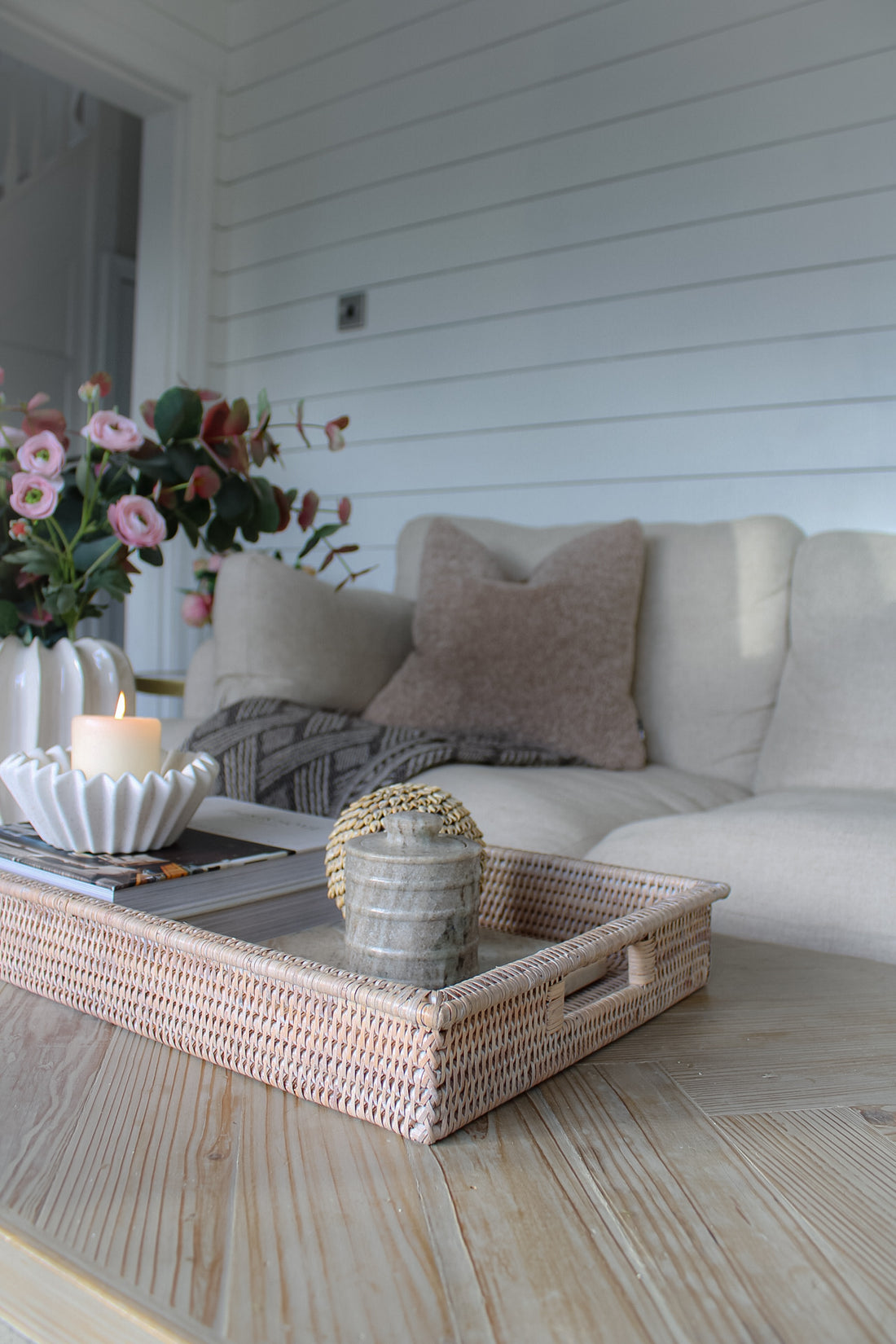 White Washed Rattan Coffee Table Tray