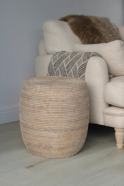 White Washed Rattan Drum Stool