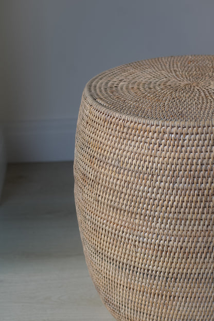 White Washed Rattan Drum Stool