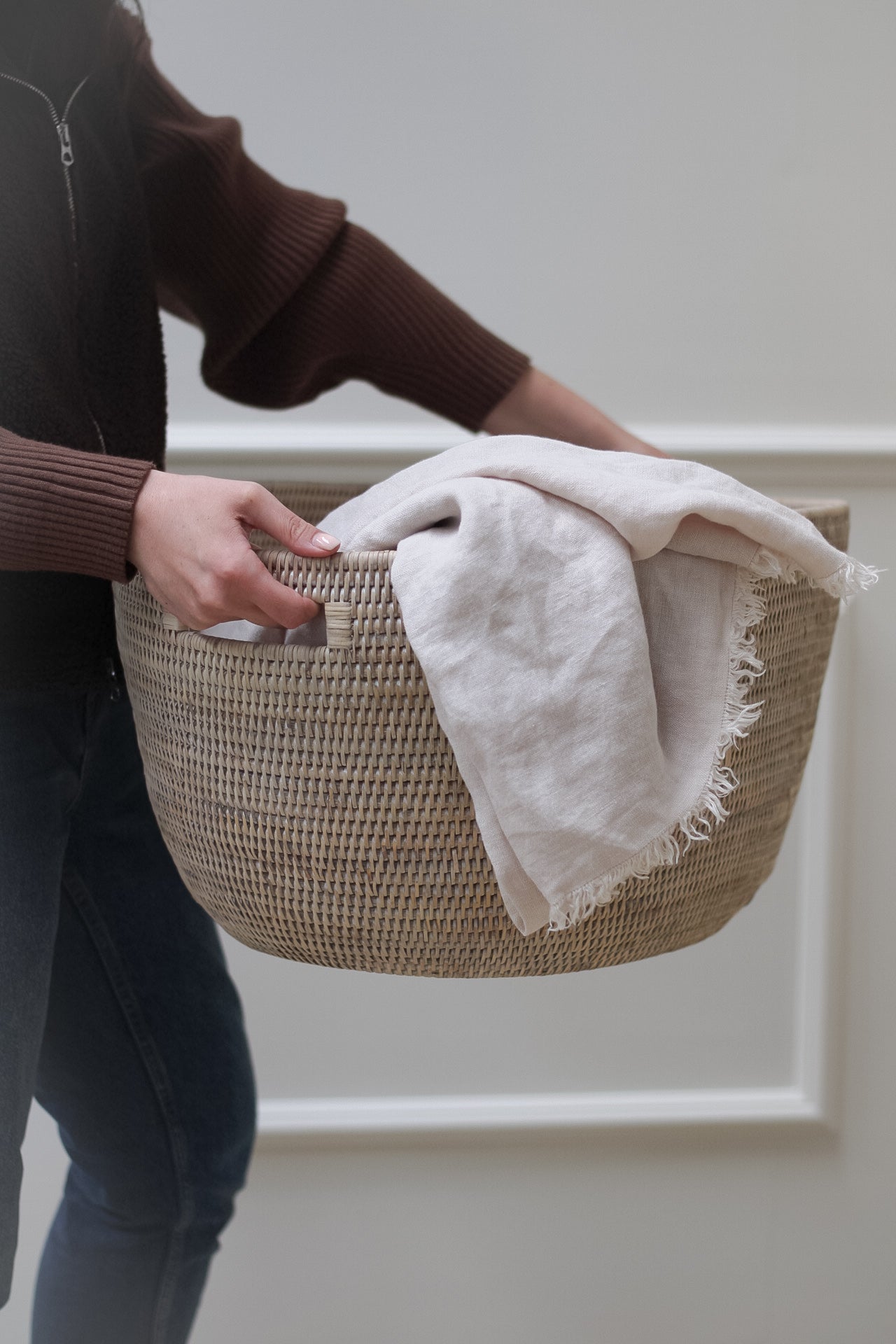 White Washed Rattan Tapered Laundry Basket