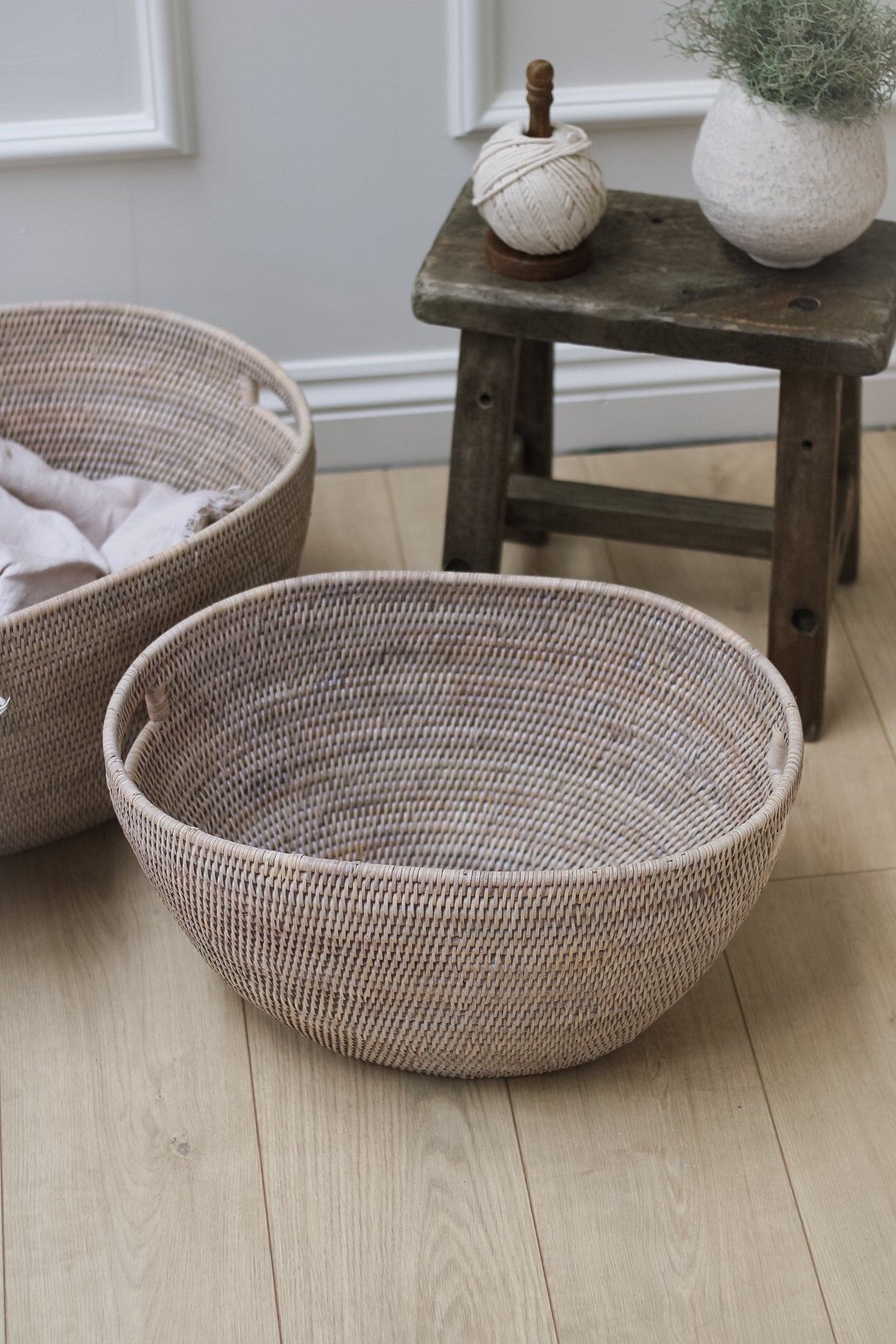 White Washed Rattan Tapered Laundry Basket