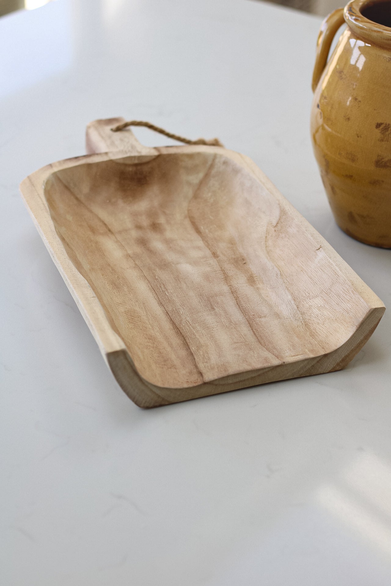 up close of modern country chunky wooden tray