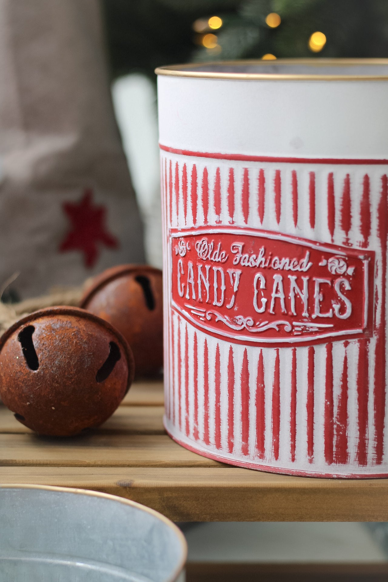 Up close of candy cane bucket