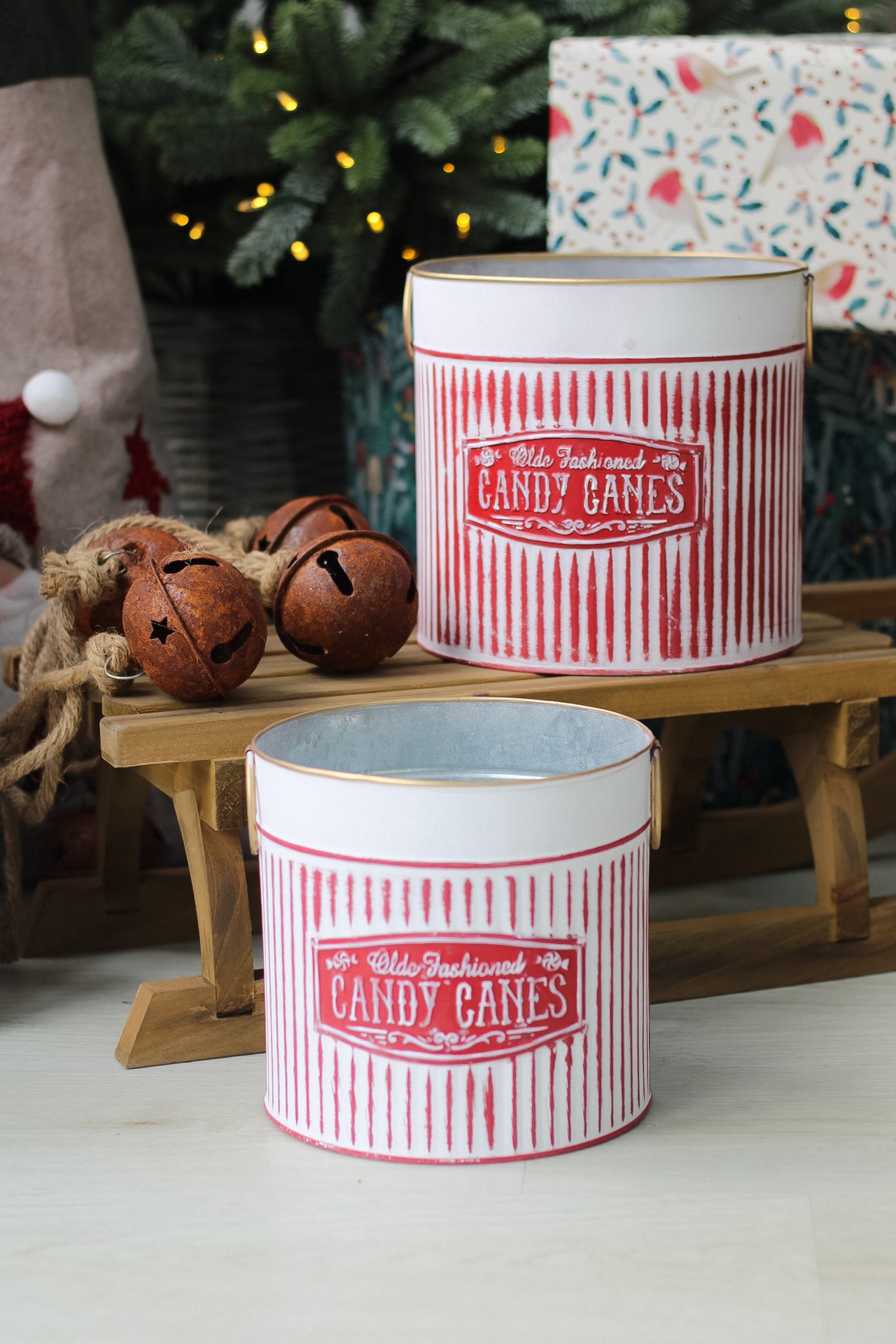 candy cane metal buckets for christmas decor