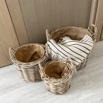 Round Rustic Grey Washed Rattan Storage Basket