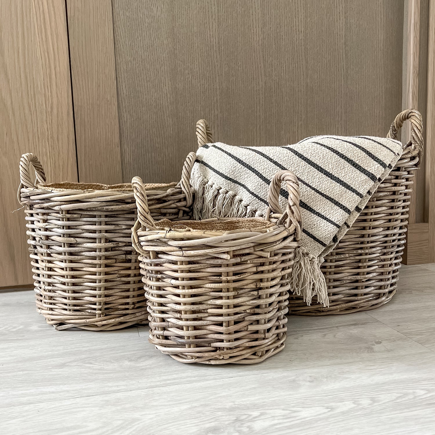 Round Rustic Grey Washed Rattan Storage Basket