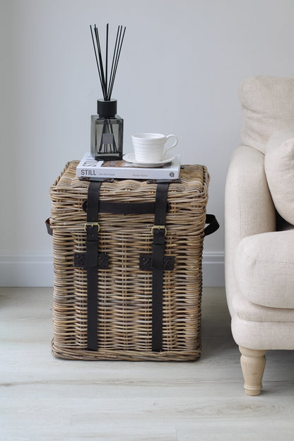 luxury rattan end table with leather straps