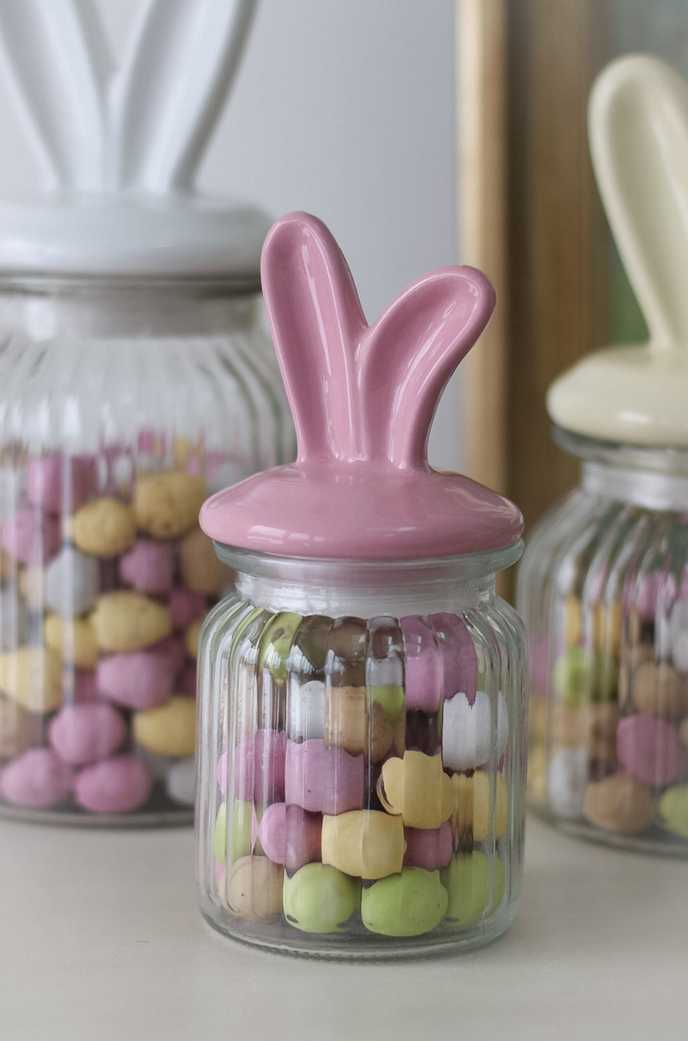 pink Ceramic Bunny Ears Lidded Glass Jar