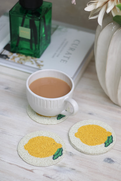 up close of beaded lemon coasters