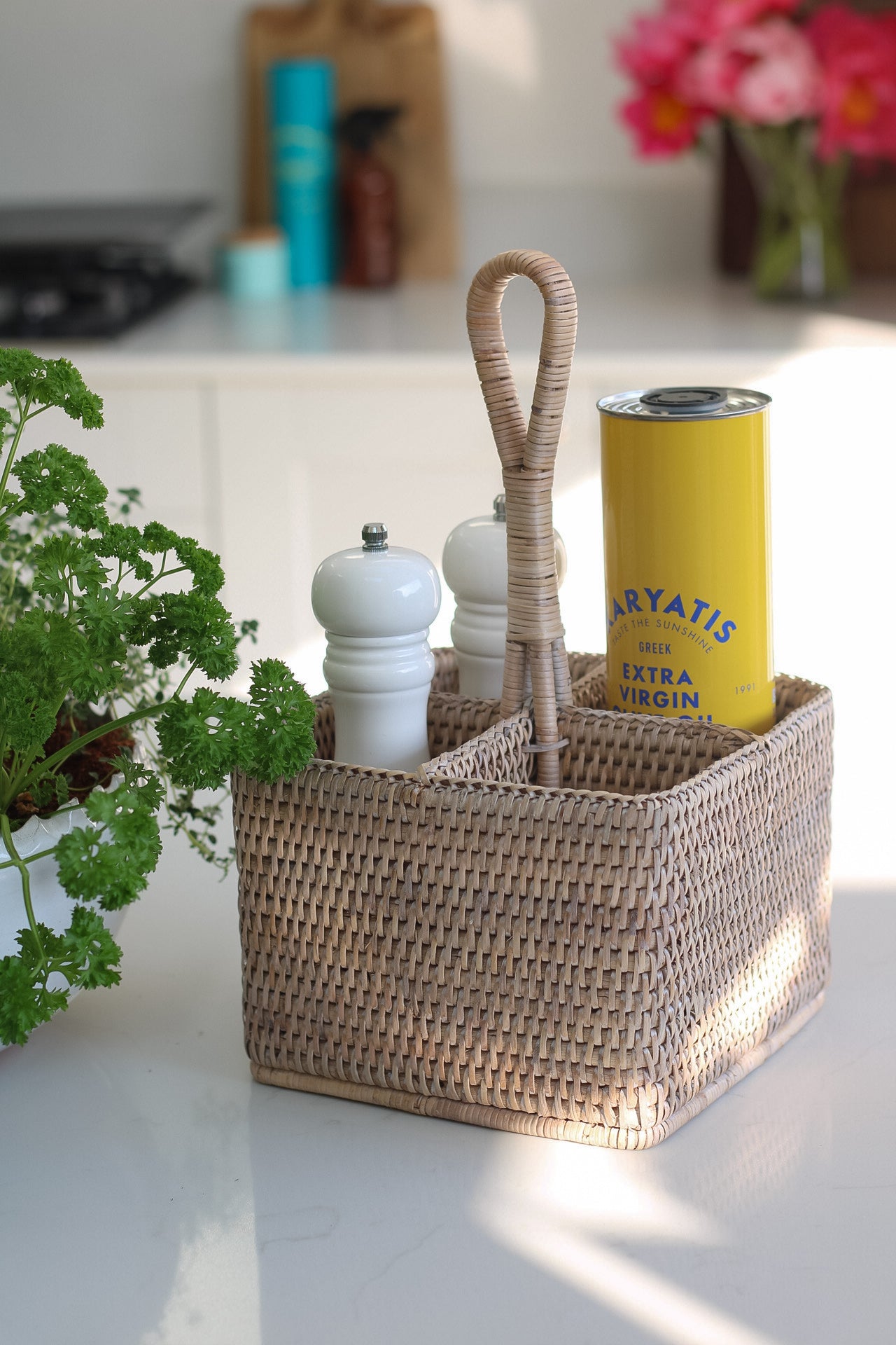 white washed rattan condiment caddy for practical kitchen decor