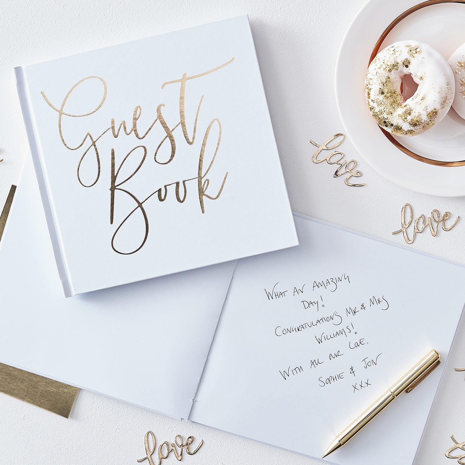 Wedding Guest Book White and Gold Foiled