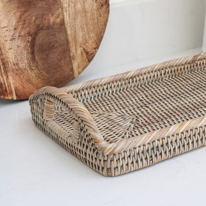 Grey Washed Natural Rattan Rectangular Tray