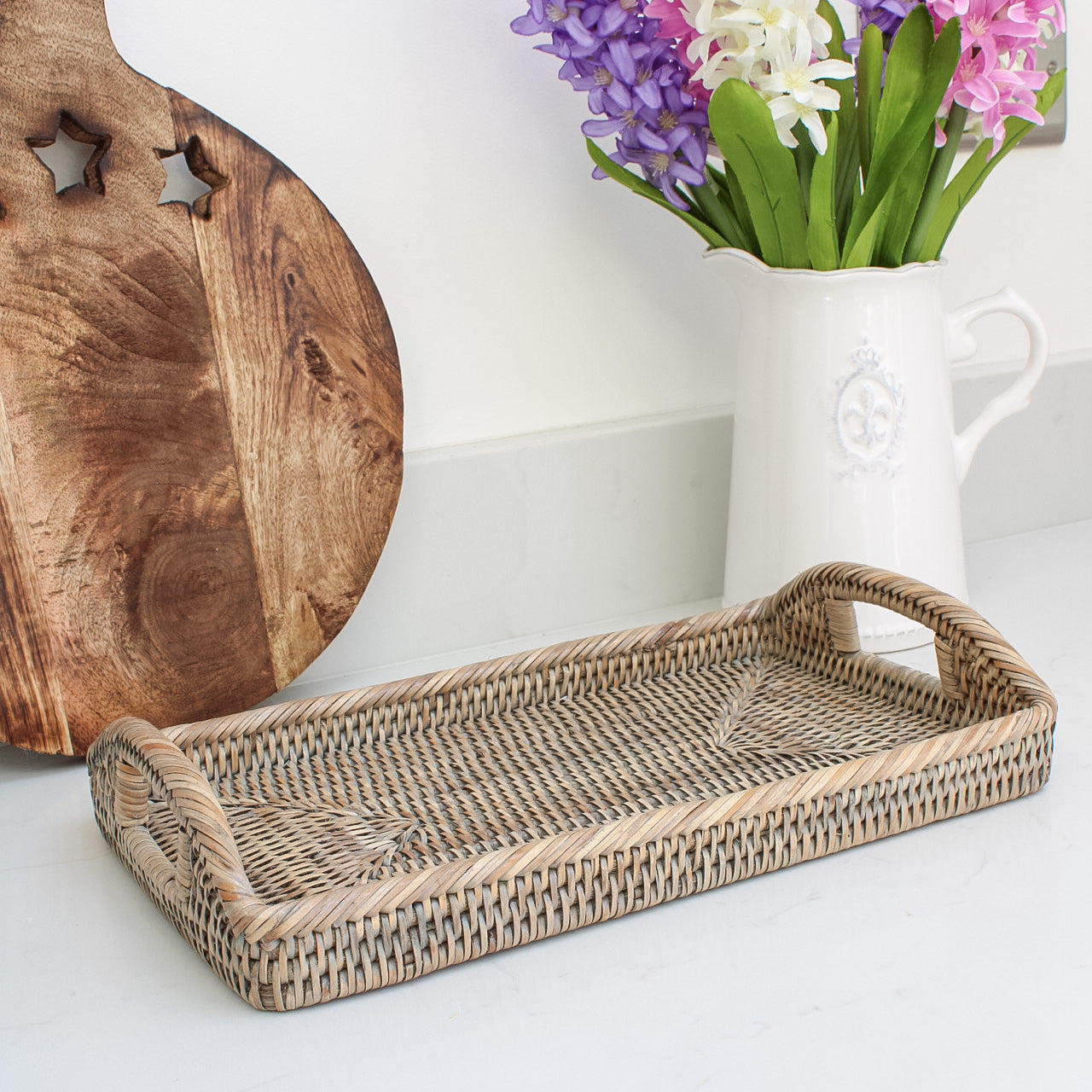 Grey Washed Natural Rattan Rectangular Tray