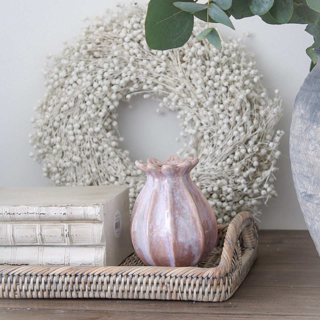 Grey Washed Natural Rattan Rectangular Tray