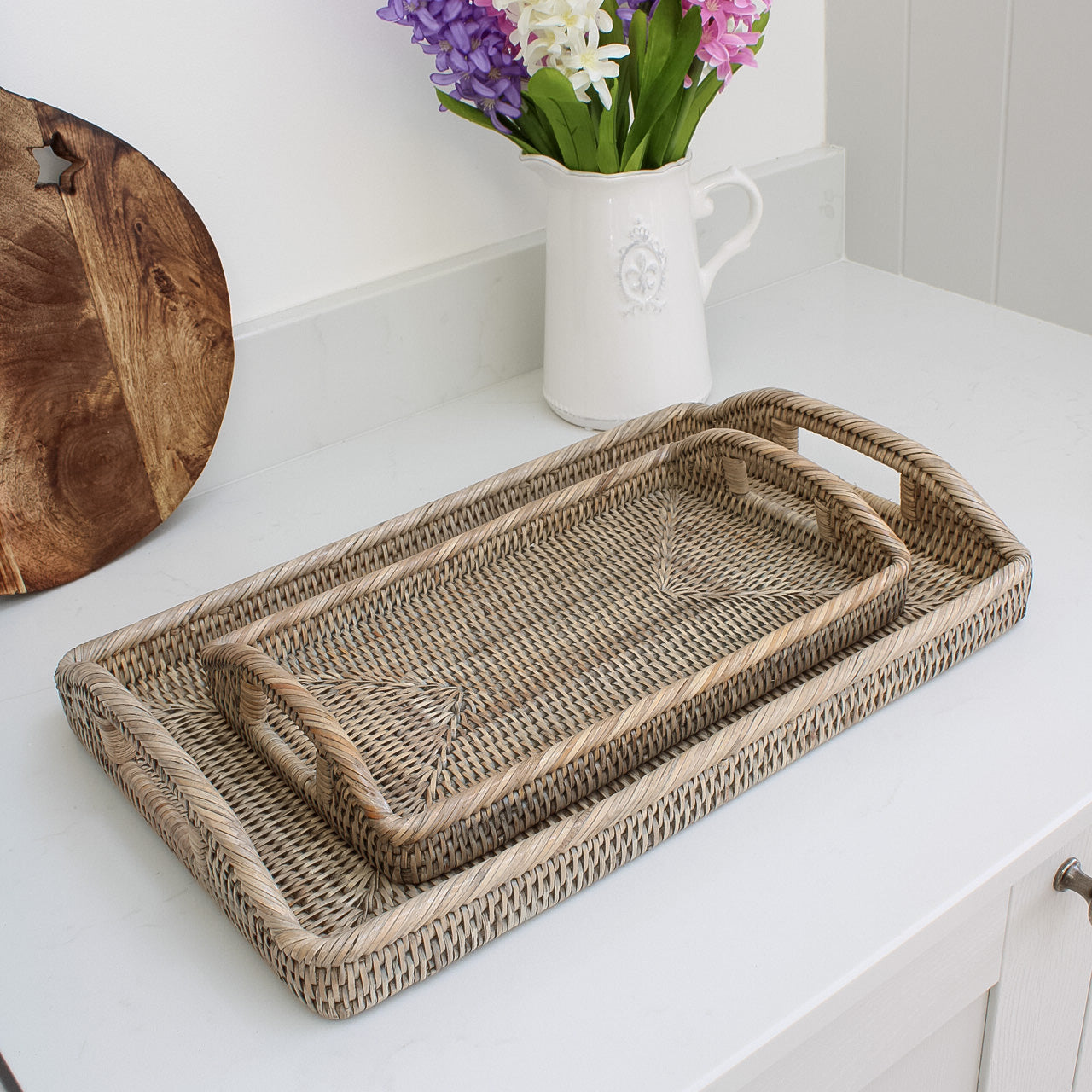 Grey Washed Natural Rattan Rectangular Tray